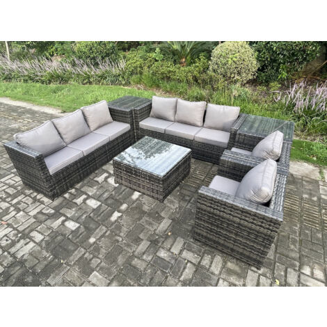 Fimous 8 places Mobilier de jardin extérieur en rotin avec 2 Fauteuils Table basse carrée 2 Tables d'appoint Tables d'appoint Mélange gris foncé