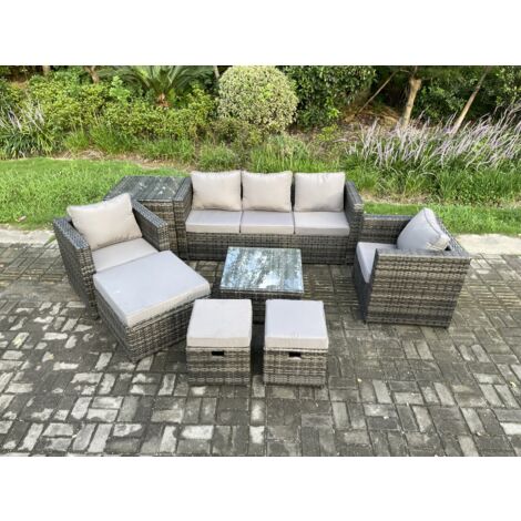 Fimous 8 places Mobilier de jardin extérieur en rotin avec Tables d'appoint Fauteuil Table basse carrée 3 Tabourets Mélange gris foncé