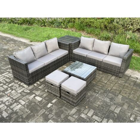 Fimous 8 places Mobilier de jardin extérieur en rotin avec Tables d'appoint Table basse carrée 2 Petit pouf Mélange gris foncé