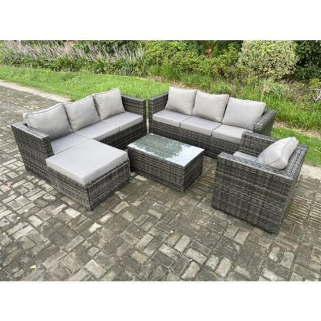 Fimous 8 places Salon de jardin en rotin avec Table basse Fauteuil grand tabouret Mélange gris foncé