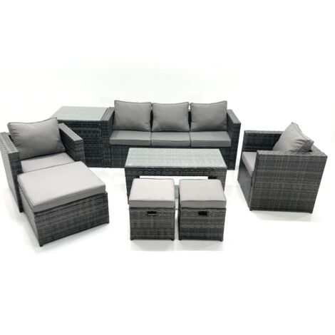 Fimous 8 places Salon de jardin Ensemble de canapés en rotin avec Table basse 2 Fauteuil 3 Tabourets Table d'appoint Gris foncé mixte