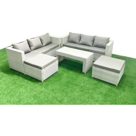 Fimous 8 places Salon de Jardin Extérieur Canapé de jardin en rotin Table basse oblongue avec 2 Grand tabourets Gris clair mixte