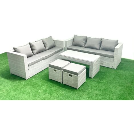 Fimous 8 places Salon de Jardin Extérieur Canapé de jardin en rotin Table basse oblongue avec 2 Petit pouf Gris clair mixte