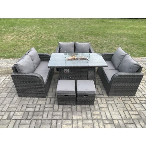 Fimous 8 places Salon de jardin Gas Fire Pit Table avec 2 Petits poufs Love Sofa Mélange gris foncé