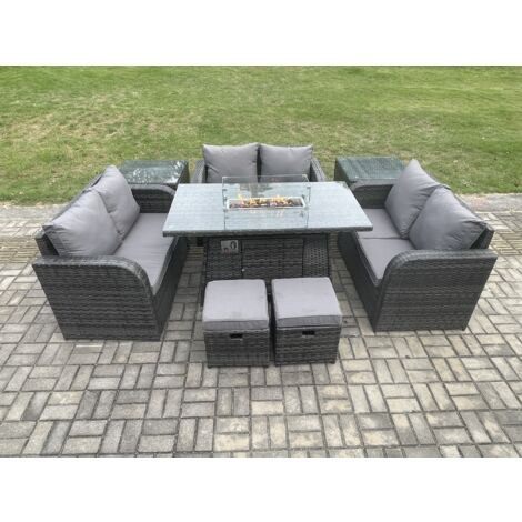 Fimous 8 places Salon de jardin Gas Fire Pit Table avec Tables d'appoint Love Sofa 2 Petits poufs Mélange gris foncé