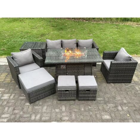 Fimous 8 Places Wicker Pe Rotin Meubles De Jardin Set Foyer À Gaz Table À Manger Chauffage À Gaz Brûleur Avec 2 Fauteuils Table D'appoint Repose - Pieds Gris Foncé Mix