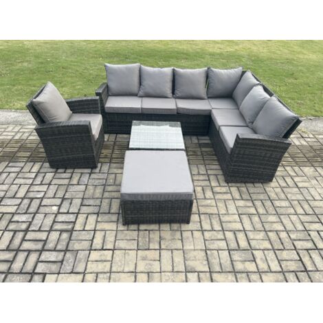 Fimous 8 Seat Ensemble de meubles de jardin en rotin avec canapé d'angle Outdoor Canapé Fauteuil Table avec Grands Tabouret Gris foncé mélangé