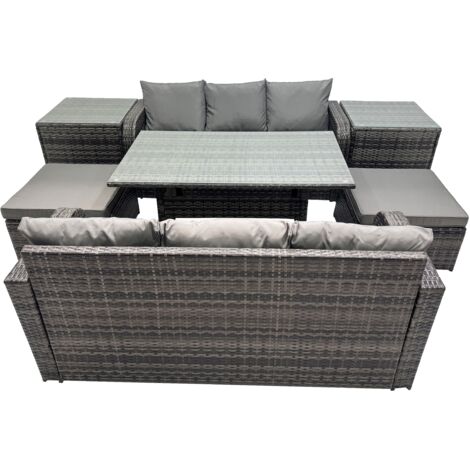 Fimous 8 Seat Outdoor Wicker PE Rattan Garden Furniture Set Dining Table Sofa Set with 2 Big Stool 2 Side Tables Dark Grey Mixed