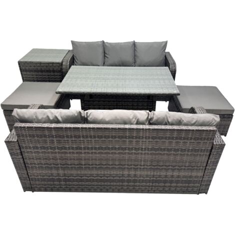 Fimous 8 Seat Outdoor Wicker PE Rattan Garden Furniture Set Dining Table Sofa Set with 2 Big Stool Side Table Dark Grey Mixed