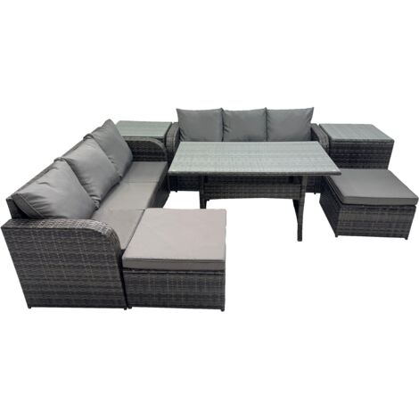 Fimous 8 Seat Outdoor Wicker PE Rattan Garden Furniture Set Dining Table Sofa Set with 2 Big Stools 2 Side Tables Dark Grey Mixed