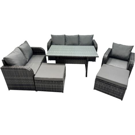 Fimous 8 Seat Outdoor Wicker PE Rattan Garden Furniture Set Dining Table Sofa Set with 2 Big Stools Dark Grey Mixed