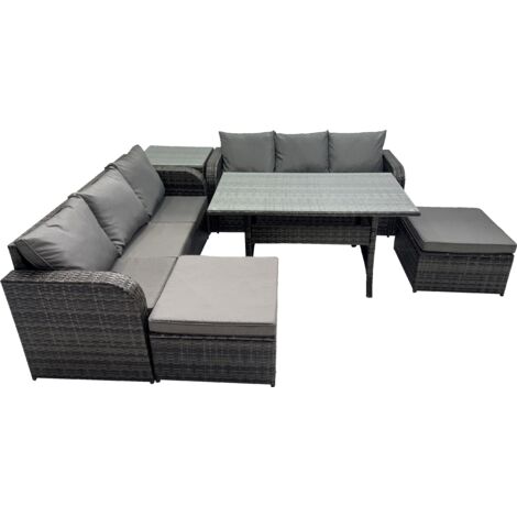 Fimous 8 Seat Outdoor Wicker PE Rattan Garden Furniture Set Dining Table Sofa Set with 2 Big Stools Side Table Dark Grey Mixed