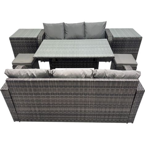 Fimous 8 Seat Outdoor Wicker PE Rattan Garden Furniture Set Dining Table Sofa Set with 2 Small Stool 2 Side Tables Dark Grey Mixed