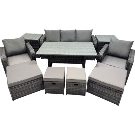 Fimous 8 Seat Outdoor Wicker PE Rattan Garden Furniture Set Dining Table Sofa Set with 4 Stools 2 Side Tables Dark Grey Mixed