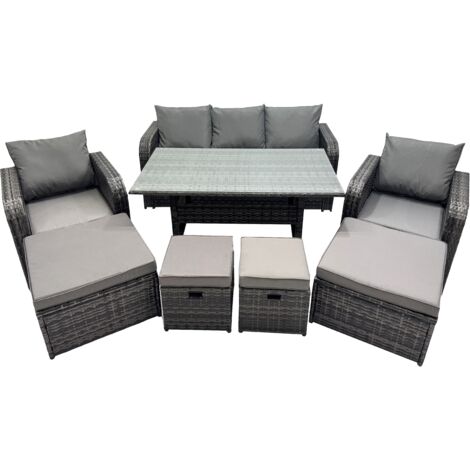 Fimous 8 Seat Outdoor Wicker PE Rattan Garden Furniture Set Dining Table Sofa Set with 4 Stools Dark Grey Mixed