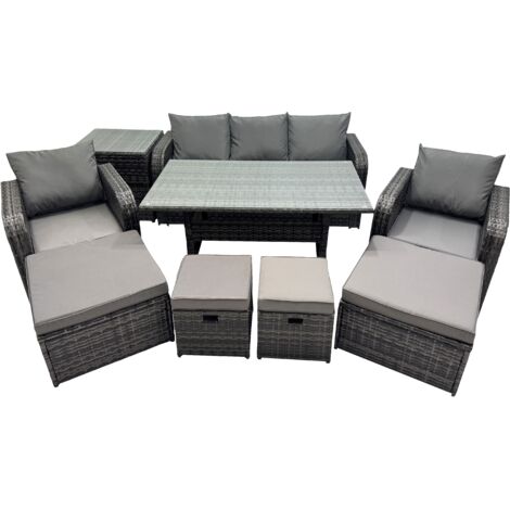 Fimous 8 Seat Outdoor Wicker PE Rattan Garden Furniture Set Dining Table Sofa Set with 4 Stools Side Table Dark Grey Mixed