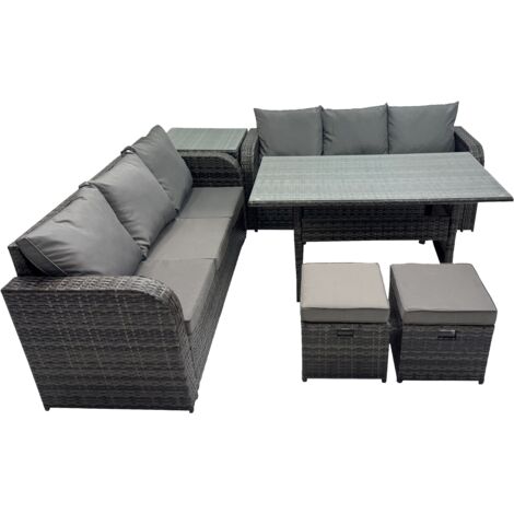 Fimous 8 Seat Outdoor Wicker PE Rattan Garden Furniture Set Dining Table Sofa Set with Side Table 2 Small Stools Dark Grey Mixed