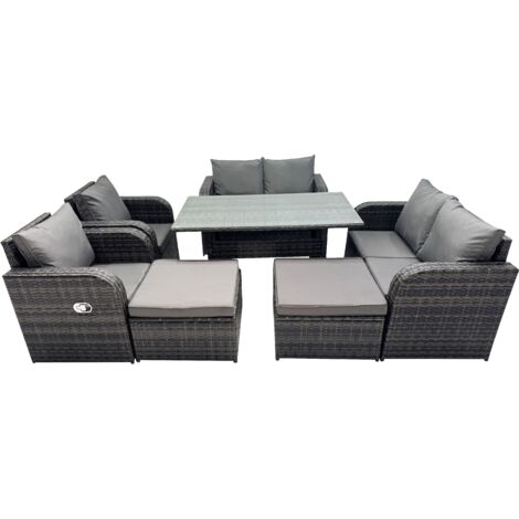 Fimous 8 Seat Outdoor Wicker PE Rattan Garden Furniture Set Dining Table Sofa Sets with 2 Big Stools Dark Grey Mixed