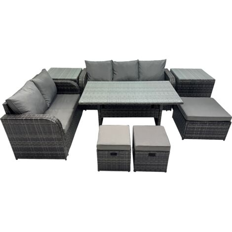 Fimous 8 Seat Outdoor Wicker PE Rattan Garden Furniture Set Dining Table Sofa Sets with 3 Stools 2 Side Tables Dark Grey Mixed