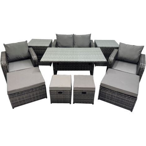 Fimous 8 Seat Outdoor Wicker PE Rattan Garden Furniture Set Dining Table Sofa Sets with 4 Stools 2 Side Table Dark Grey Mixed