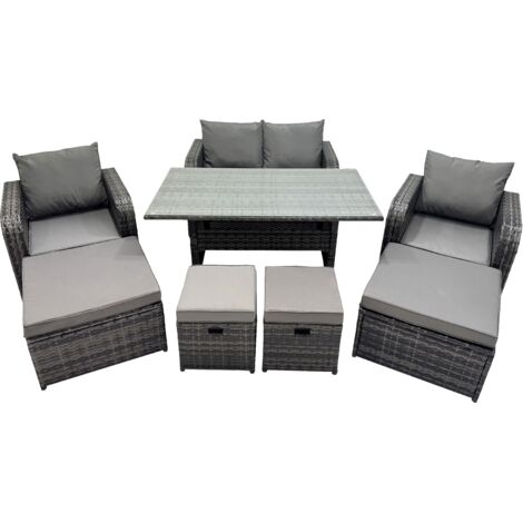 Fimous 8 Seat Outdoor Wicker PE Rattan Garden Furniture Set Dining Table Sofa Sets with 4 Stools Dark Grey Mixed