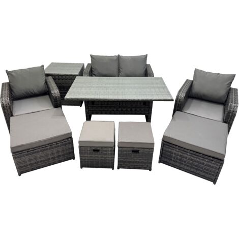 Fimous 8 Seat Outdoor Wicker PE Rattan Garden Furniture Set Dining Table Sofa Sets with 4 Stools Side Table Dark Grey Mixed