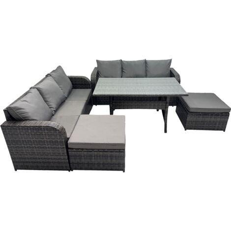 Fimous 8 Seat Outdoor Wicker PE Rattan Garden Furniture Sets Dining Table Sofa Set with 2 Big Stools Dark Grey Mixed