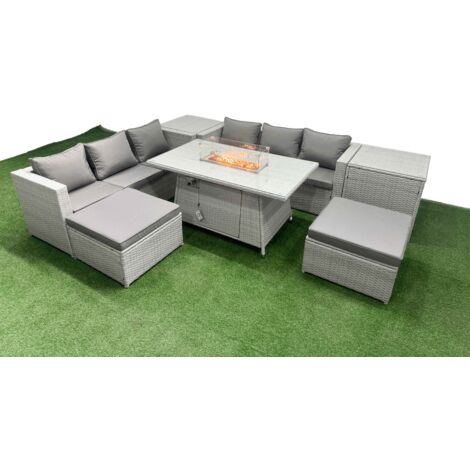 Fimous 8 Seat PE Rattan Lounge Sofa Set Outdoor Garden Furniture Set with Firepit Dining Table 3 Seater Sofa 2 Stools 2 Side Tables Light Grey