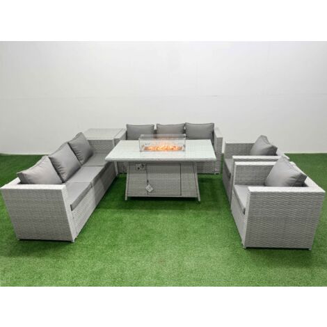 Fimous 8 Seat PE Rattan Lounge Sofa Set Outdoor Garden Furniture Set with Firepit Dining Table 3 Seater Sofa Side Table Light Grey
