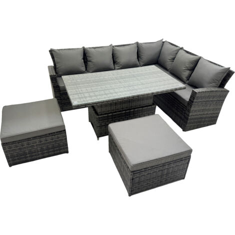 Fimous 8 Seat Rattan Garden Furniture Corner Sofa Set Outdoor Adjustable Lifting Dining or Coffee Table Set with 2 Big Footstools Dark Grey Mixed