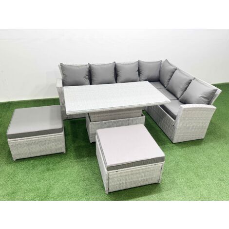 Fimous 8 Seat Rattan Garden Furniture Corner Sofa Set Outdoor Adjustable Lifting Dining or Coffee Table Set with Armchair 2 Big Footstools Light Grey
