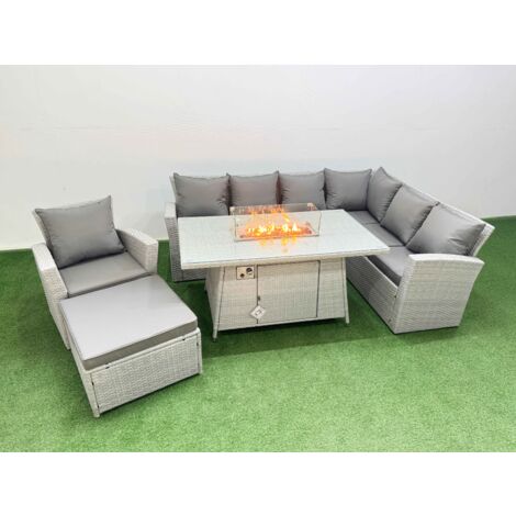 Fimous 8 Seat Rattan Garden Furniture Corner Sofa Set Outdoor Gas Fire Pit Table Set with Big Footstool Light Grey