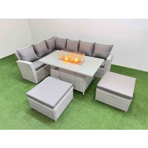 Fimous 8 Seat Rattan Garden Furniture Corner Sofa Set Outdoor Gas Fire Pit Table Sets with 2 Big Footstools Light Grey