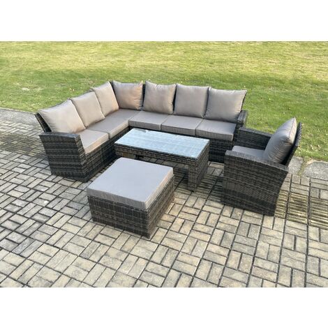Fimous 8 Seat Rattan Garden Furniture Corner Sofa Set Outdoor Patio Sofa Chair Table Set with Big Footstool Dark Grey Mixed