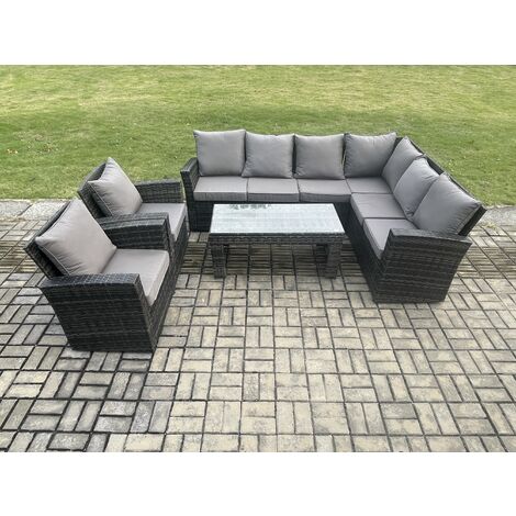 Fimous 8 Seat Rattan Garden Furniture Corner Sofa Set Outdoor Patio Sofa Chair Table Set with Cushions Dark Grey Mixed