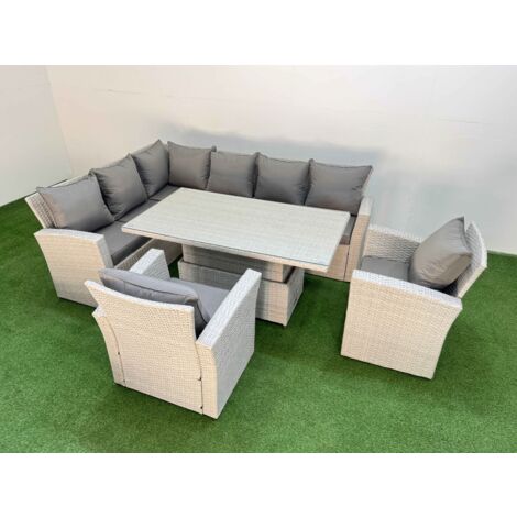 Fimous 8 Seat Rattan Outdoor Garden Furniture Corner Sofa Set Adjustable Lifting Dining or Coffee Table Set with 2 Armchairs Light Grey