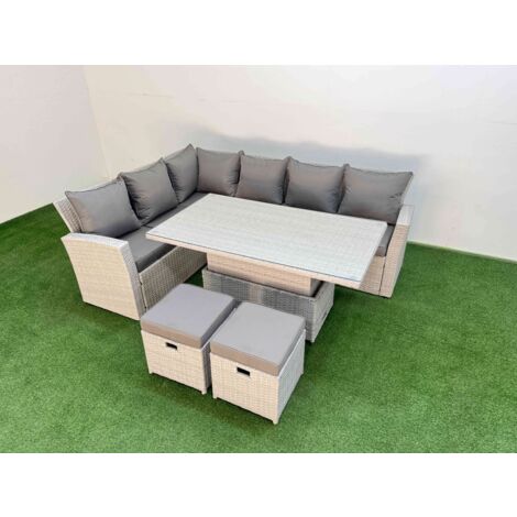 Fimous 8 Seat Rattan Outdoor Garden Furniture Corner Sofa Set Adjustable Lifting Dining or Coffee Table Set with Armchair 2 Small Footstools Light Grey