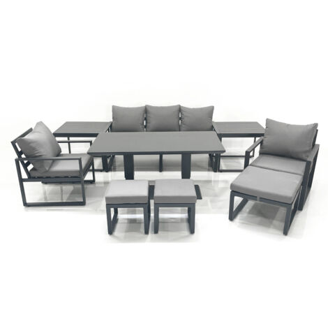 Fimous 8 Seater Aluminium Outdoor Garden Furniture Set with Adjustable Rising Lifting Dining Table 3 Seater Sofa 2 Chair 3 Footstool 2 Side Tables Dark Grey