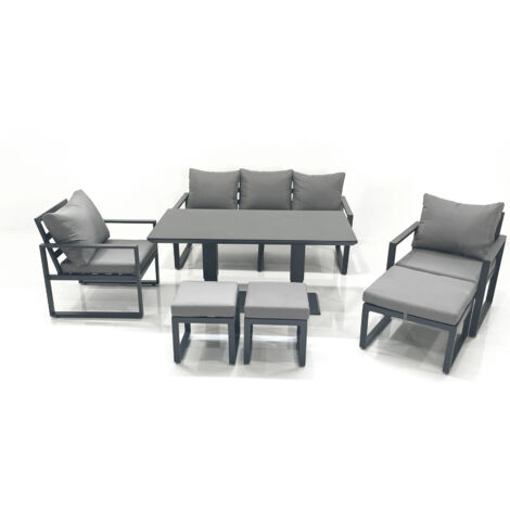 Fimous 8 Seater Aluminium Outdoor Garden Furniture Set with Adjustable Rising Lifting Dining Table 3 Seater Sofa 2 Chair 3 Footstool Dark Grey