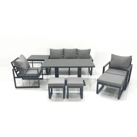 Fimous 8 Seater Aluminium Outdoor Garden Furniture Set with Adjustable Rising Lifting Dining Table 3 Seater Sofa 2 Chair 3 Footstool Side Table Dark Grey