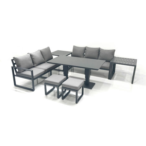 Fimous 8 Seater Aluminium Outdoor Garden Furniture Set with Adjustable Rising Lifting Dining Table 3 Seater Sofa 2 Small Footstool 2 Side Tables Dark Grey