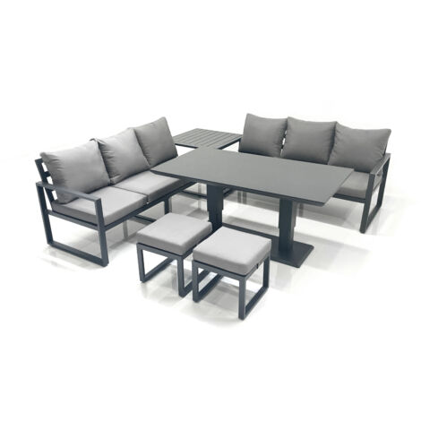 Fimous 8 Seater Aluminium Outdoor Garden Furniture Set with Adjustable Rising Lifting Dining Table 3 Seater Sofa 2 Small Footstool Side Table Dark Grey