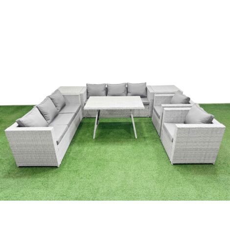 Fimous 8 Seater Garden Furniture Set PE Ratten Garden Sofa Set with Rectangular Dining Table 2 Side Tables Light Grey
