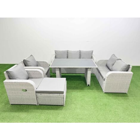 Fimous 8 Seater Garden Furniture Set PE Ratten Garden Sofa Set with Rectangular Dining Table Big Stool Light Grey