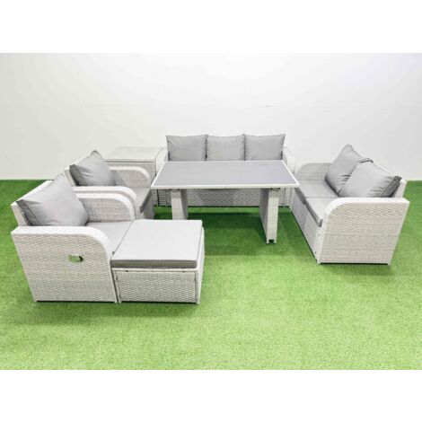Fimous 8 Seater Garden Furniture Set PE Ratten Garden Sofa Set with Rectangular Dining Table Big Stool Side Table Light Grey