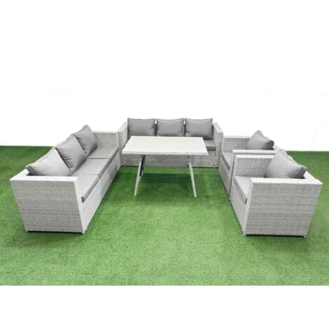 Fimous 8 Seater Garden Furniture Set PE Ratten Garden Sofa Set with Rectangular Dining Table Light Grey