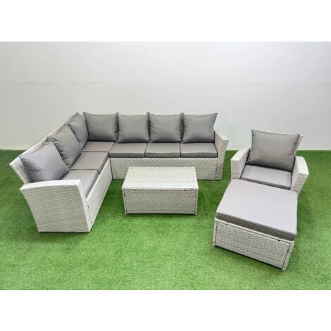 Fimous 8 Seater Garden Outdoor PE Rattan Furniture Set Rattan Garden Sofa Set with Big Footstool Light Grey Mixed