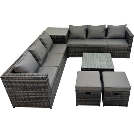 Fimous 8 Seater Garden Outdoor Rattan Furniture Set Patio Corner Sofa Coffee Table with 2 Small Stools Dark Grey