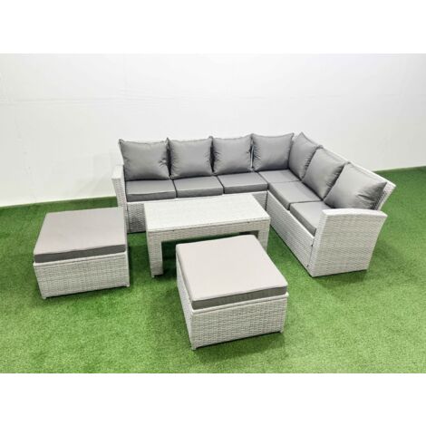 Fimous 8 Seater Garden Outdoor Rattan Furniture Set Rattan Corner Sofa Oblong Coffee Table Set with 2 Big Footstools Light Grey Mixed