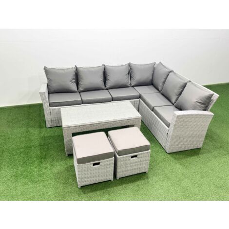 Fimous 8 Seater Garden Outdoor Rattan Furniture Set Rattan Corner Sofa Oblong Coffee Table Set with 2 Small Footstools Light Grey Mixed